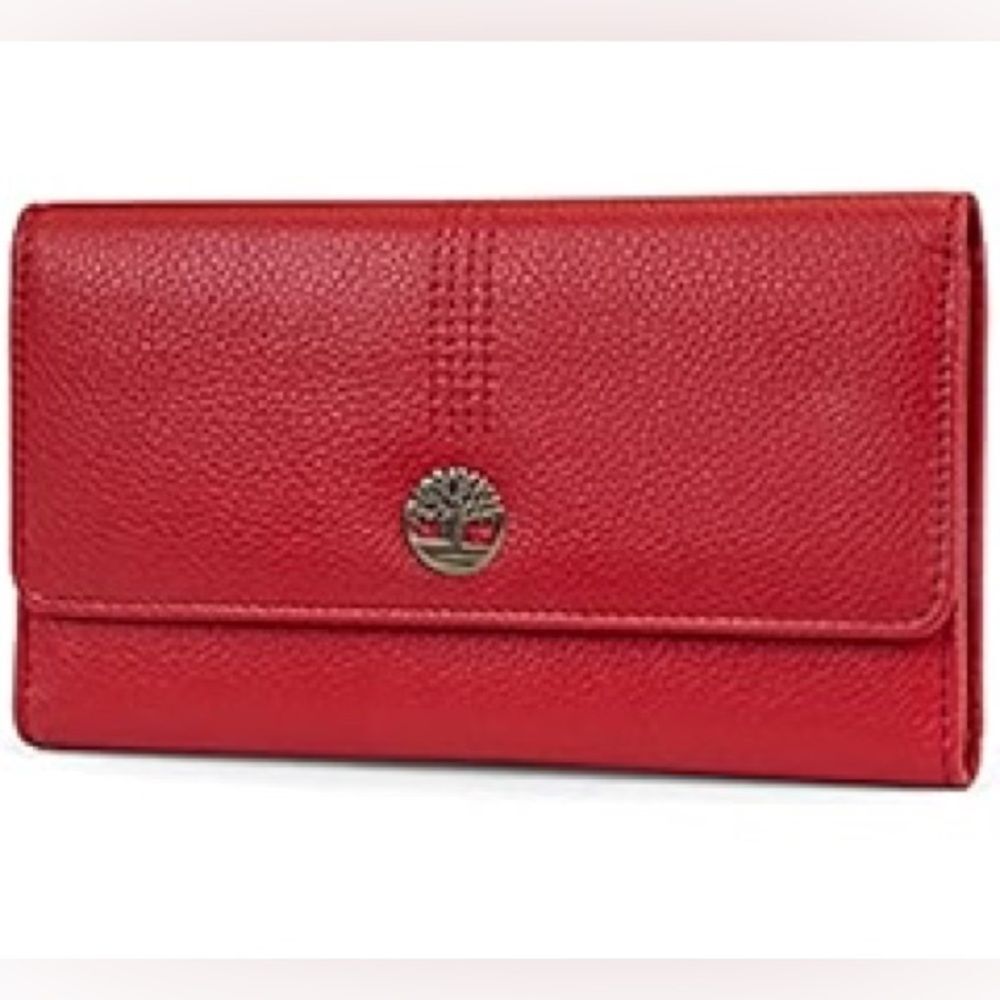 Timberland Leather RFID Flap Wallet Clutch Organizer, Cherry (Pebble)